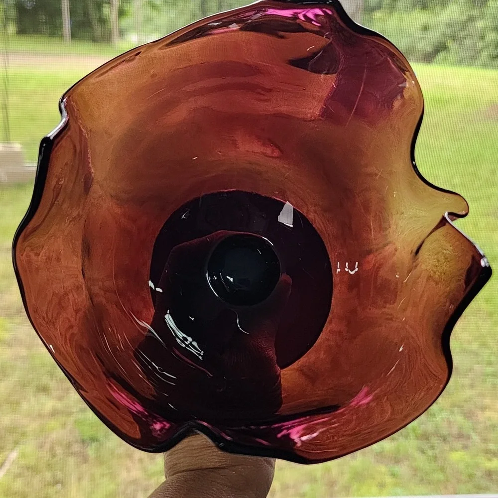 Vintage MCM Amethyst Glass Hand Blown Handkerchief Rim Twisted Stem Vase 9 inch